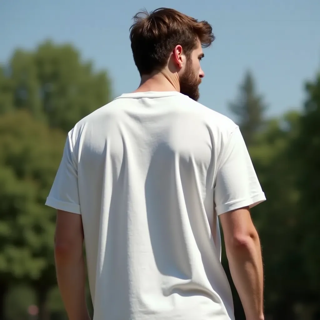 A realistic photo of the back of an oversized, plain white t-shirt, worn by a male model with short brown hair and a beard. The model is standing facing away from the camera, with his head slightly turned to the right. His arms are relaxed at his sides. Th...