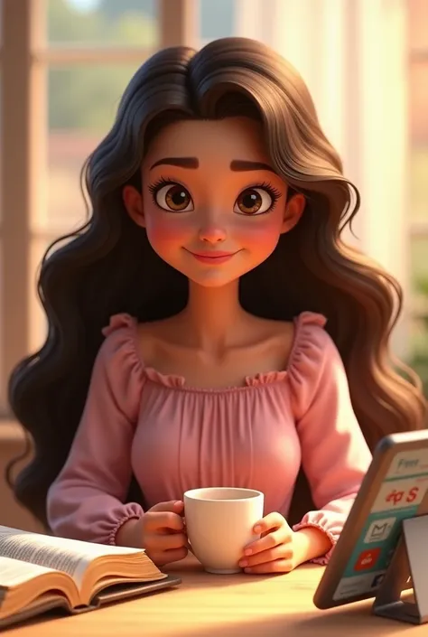 A woman with long wavy dark brown hair,  chubby girl, glowing eyes and a confident smile. She wears a modest pink dress, with long sleeves and delicate fabric. She is seated at a light wooden table, with a graceful and inspiring posture.  On one side of th...