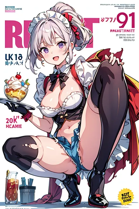 (mid breasts:1.3), (perky chest:1.3), (pointed chest:1.2), (lolita fashion magazine cover:1.3)，(from below:1.0),(from side:0.9),masterpiece, 1girl, Amazing Cleavage:1.2, thin waist, big ass, Raised sexy, small breast: 1.3, posed cleavage:1.2、(from below:1....