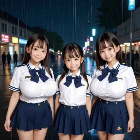 (three toddler girls:1.3), (oppai loli:1.3), (huge breasts:1.5), very short miniskirt, standing, skinny, cute uniform, japanese, smug, night, rain, BREAK (detailed face and eyes:1.3), score_9, score_8_up, score_7_up, realistic, photo, (cute:1.2),