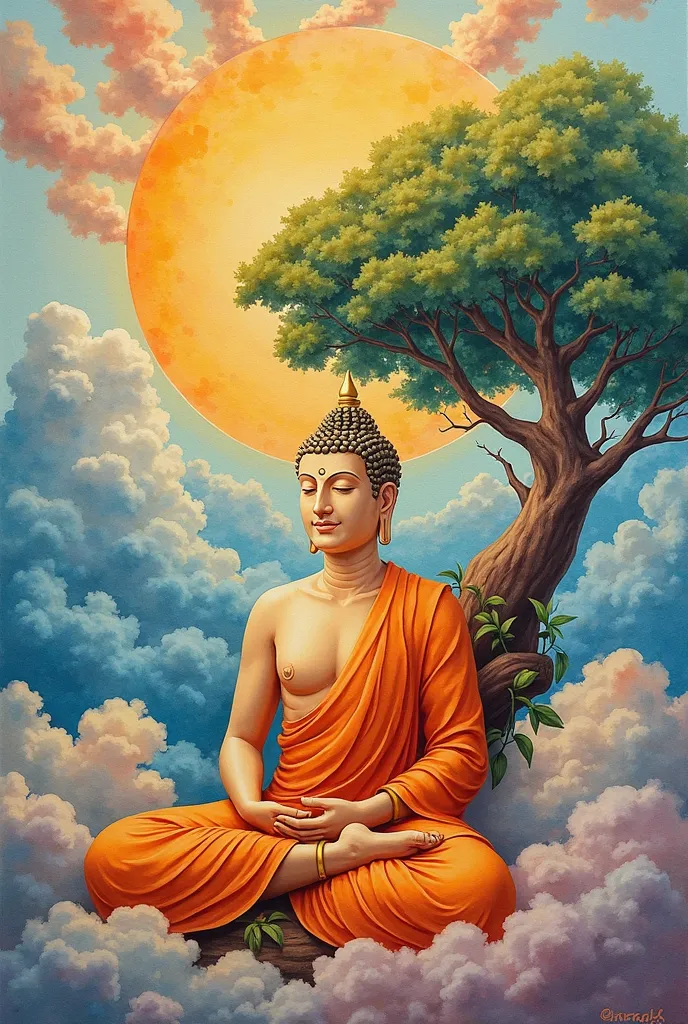 3D watercolor painting on paper Thai male Buddha with orange flavor, sun, gold paper, multicolored clouds, large tree background, white, high definition, high definition