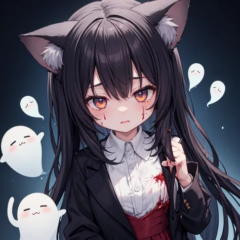 girl,Cat ears,cute,small, Suspects,ghost,blood,bloodไหล,Black suit