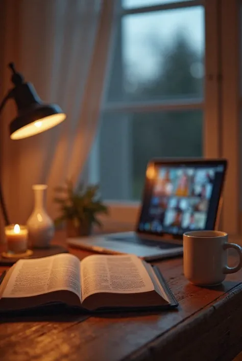 A cozy home setting with a wooden table featuring an open Bible, a steaming coffee mug, and a laptop displaying a Zoom meeting. The scene is warmly lit by soft lamp light, creating a peaceful and inviting atmosphere. In the background, a window shows a qui...