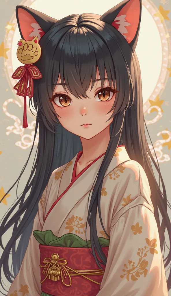 Draw a Japanese beautiful girl character with the image of a Japanese maneki-neko。Pretty girls are about middle school tall。Incorporate fantasy elements and make it into a stand-up picture