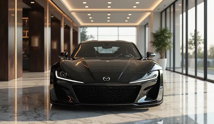 A 2025 Mazda RX-7 in sleek black color, showcased in a luxurious open-hall showroom with high ceilings, modern lighting, and a polished marble floor. The car is positioned in a fully front-facing view, highlighting its aggressive headlights, aerodynamic ho...