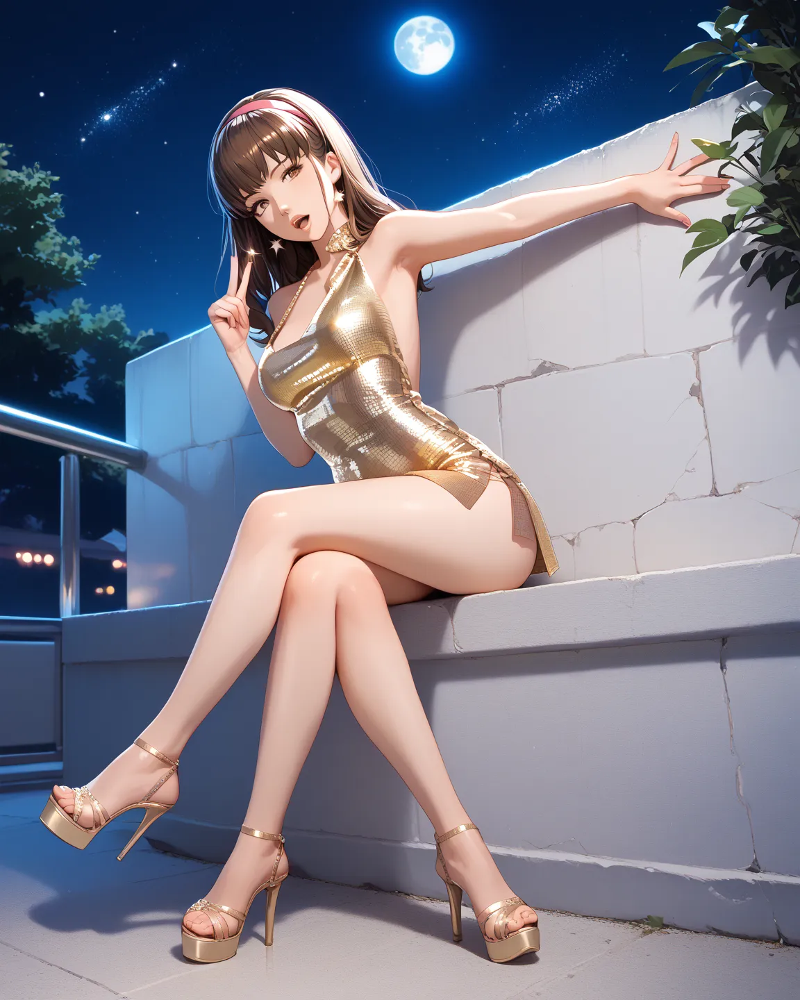 score_9, score_8_up, score_7_up, score_6_up, source_anime, anime, solo, 1girl, HitomiDOA, brown hair, brown eyes, pink hairband, disco dress, microdress, full body, high heels, outdoors, sitting on little wall, night, moon, stars, moonshine, seductive face...