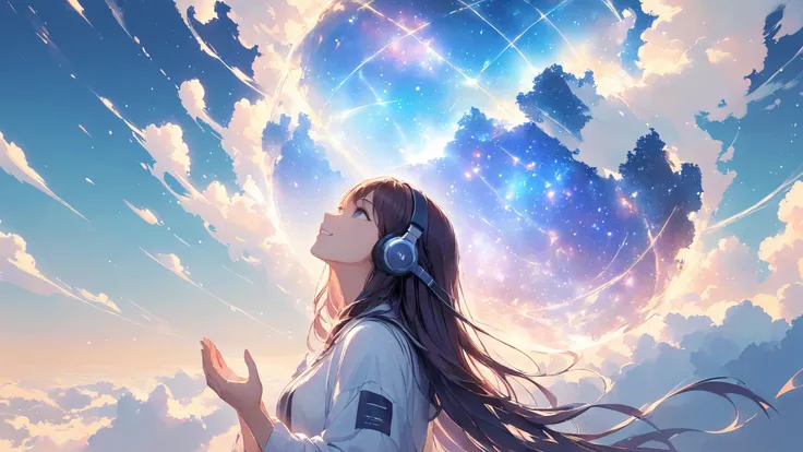 (White silhouette of a woman looking up at the sky:1.3)、(long hair:1.3), ( headphones :1.3),  Smile, hands clasped in awe , Inside the silhouette you can see the double exposure with a deep space, masterpiece, ((double exposure)), Proportion、imagine a boun...