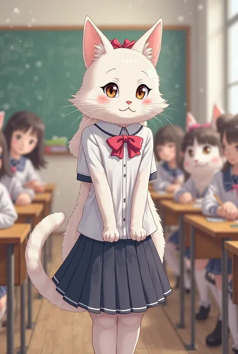 A very tall female white cat wearing school uniform and a pink ribbon on her head sitting on desk in front of a classroom with her classmates at the left hand side. 