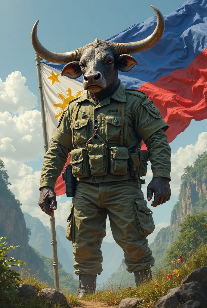 a Philippine carabao with a man body wearing soldier uniform representing Philippine with a Philippine flag in the background 