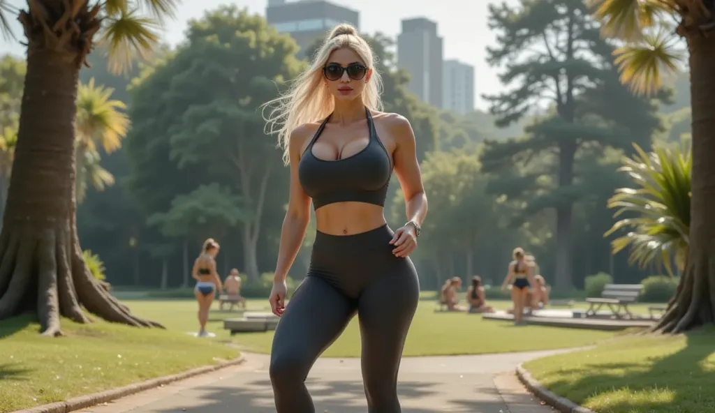 Generate a full-body image of an American woman over 40 in a sexy sporty dark gray outfit, working out outdoors in a park with modern architectural elements, using a mix of natural and flash lighting, accessorized with sporty sunglasses, in 4K resolution."