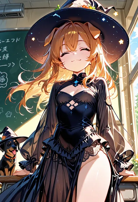 1girl, solo, loli, dog girl,
, long hair, messy hair , cleavage, floating hair, microskirt, witch, witch hat, long dress, black dress, microskirt, no bra, no panties, see-through, cleavage cutout, breasts out, back cutout, black Puppy, 
happy, closed eyes,...