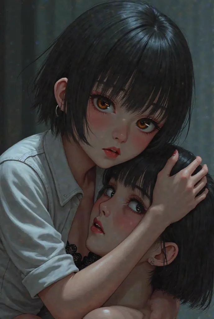 1girl, on the knees, in half, bent,  head back , 1 boy standing next to a girl, grabbing another's head,  bulge,
BREAK девушка, 22yo, short hair, bob srez, ear, ( dumb bangs), black hair, (puppet:1.2), detailed cute brown eyes, Curled lashes , (big breasts...