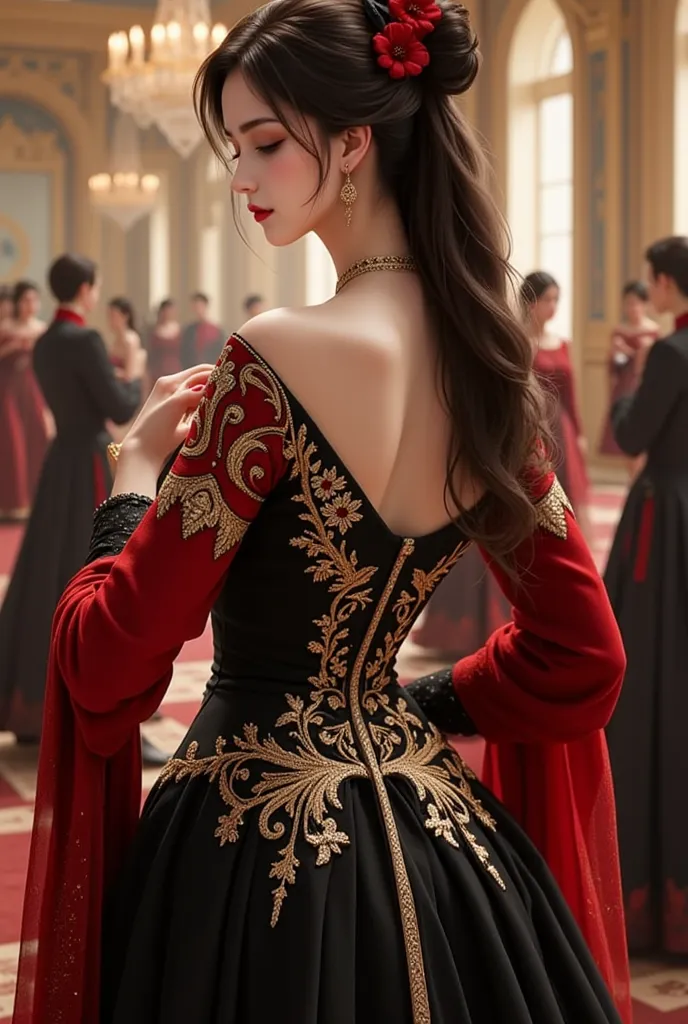 a painting or a digital artwork that portrays a woman in an elegant and ornate setting. The woman is dressed in a luxurious black gown adorned with intricate gold and red embroidery, complemented by matching red sleeves and jewelry. Her long, wavy hair is ...