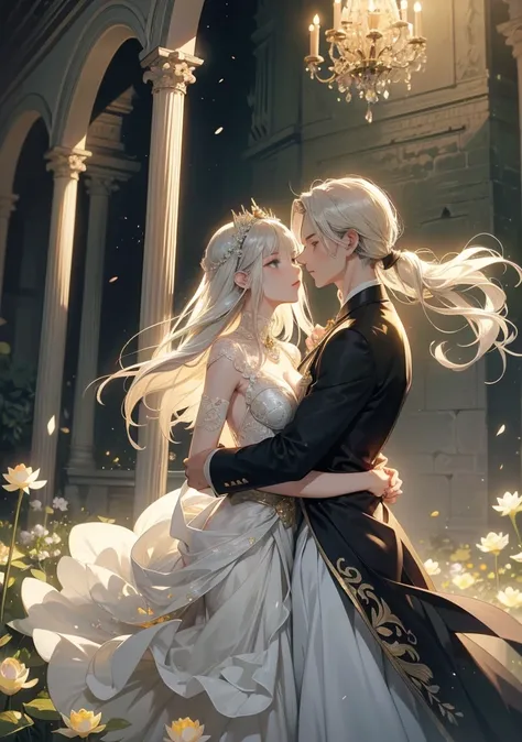 Best Quality。detailed description。Man and woman trying to kiss while staring at each other in an old castle greenhouse at night when flowers are in full bloom。man with long silver hair and green eyes with short blond hair、Golden-eyed woman with long silver...