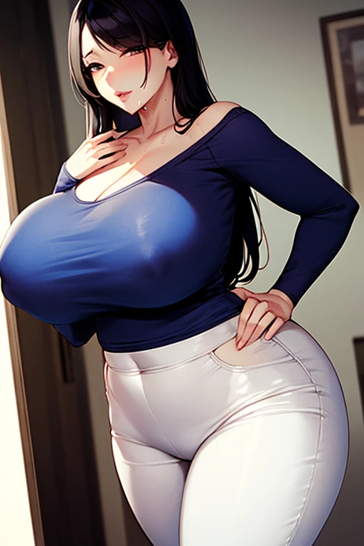 A sexy Stepmom with a nice long wet black hair, j cup tits, sexy black narrow eyes, and nice lips. She is Asian, but looks like a sexy horny woman.  in a dark room. Appealing to me. Make it M18. Massive huge tits. she wears a skyblue v neck shirt. and wear...