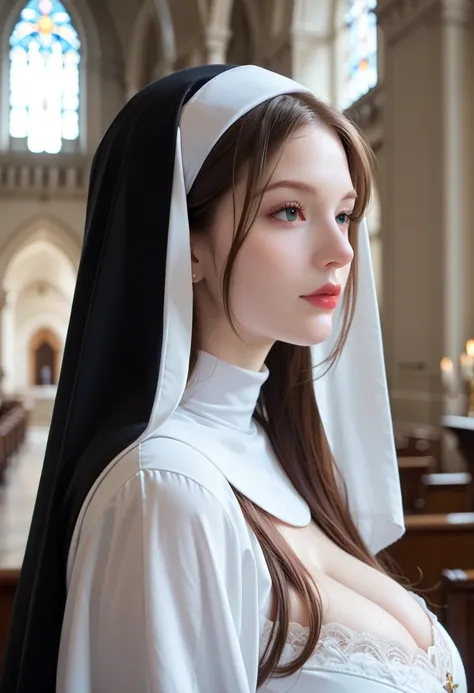 A photo of a beautiful woman with hyper-massive cleavage wearing a lace nun's habit,  Ultra Realistic. Side view full upper body 