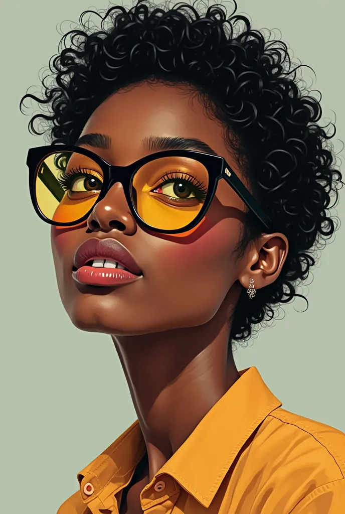 A black woman who has short and curly hair. She wears black glasses with yellow glass lens. Draw like illustration.