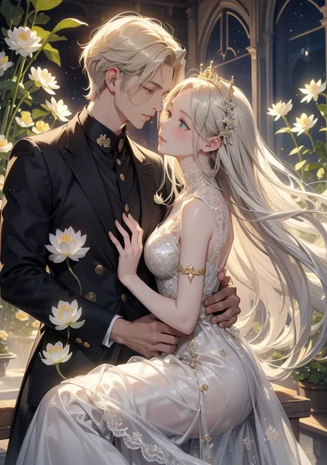 Best Quality。detailed description。Man and woman trying to kiss while staring at each other in an old castle greenhouse at night when flowers are in full bloom。man with long silver hair and green eyes with short blond hair、Golden-eyed woman with long silver...