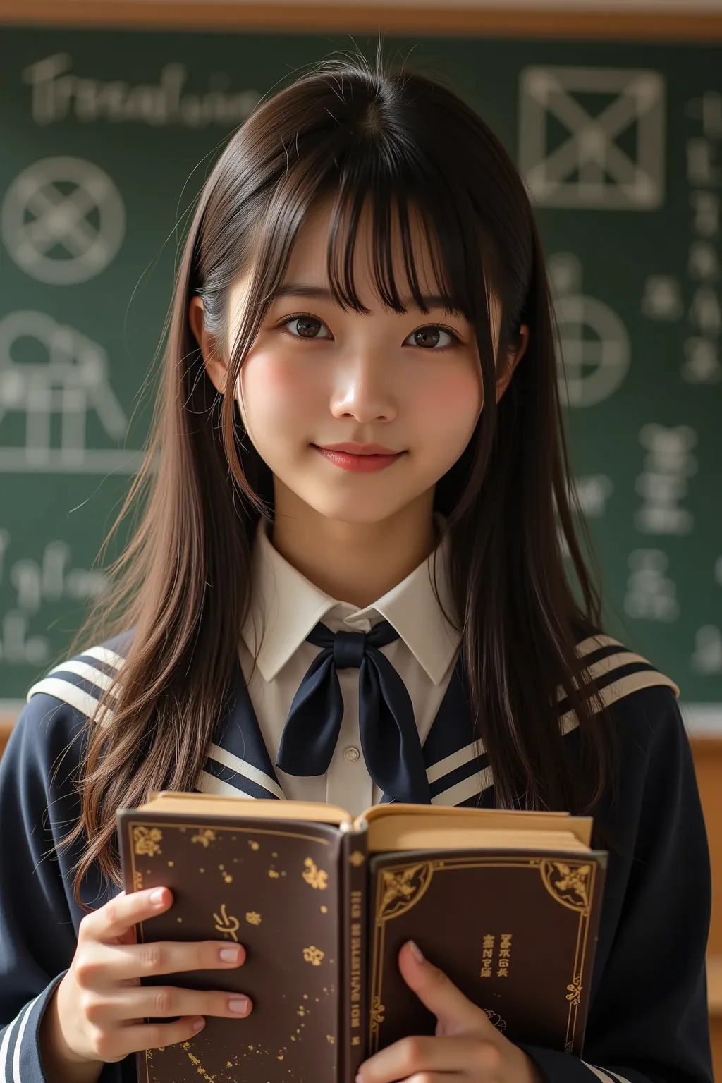 transfer student holding an old book、vintage style uniform、smile mysteriously、inexplicable symbols written on the blackboard in the classroom、warm sepia tone、Fantastic Atmosphere、Art no ouveau style





