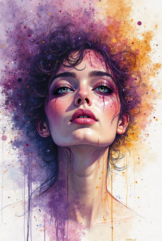 Fantastical expressive ink and watercolour splashes sketch conveying emotion with delicate and bold whispering strokes.  Rich purples and golds with effervescence and darkness, a character female with eyes open evoking a sense of love and empathy in the vi...