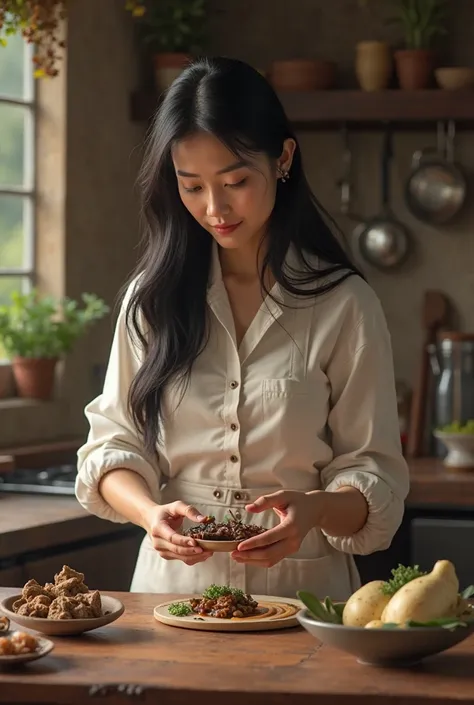 a beautiful Indonesian woman,Long black hair,wearing an apron is cooking a grasshopper,kitchen background