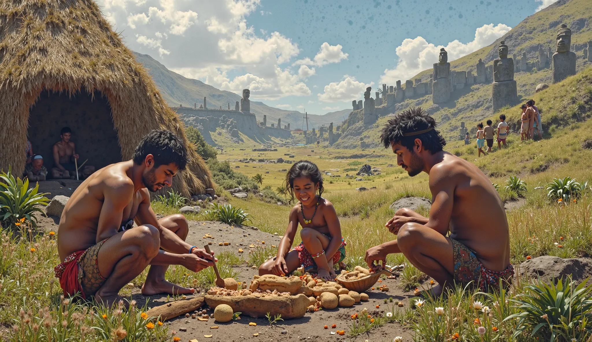 Visualize a historical tableau depicting the Rapa Nui people engaged in their daily life before the arrival of Europeans. In the foreground, families are seen crafting tools and preparing food, while in the background, moai statues are being carved from vo...