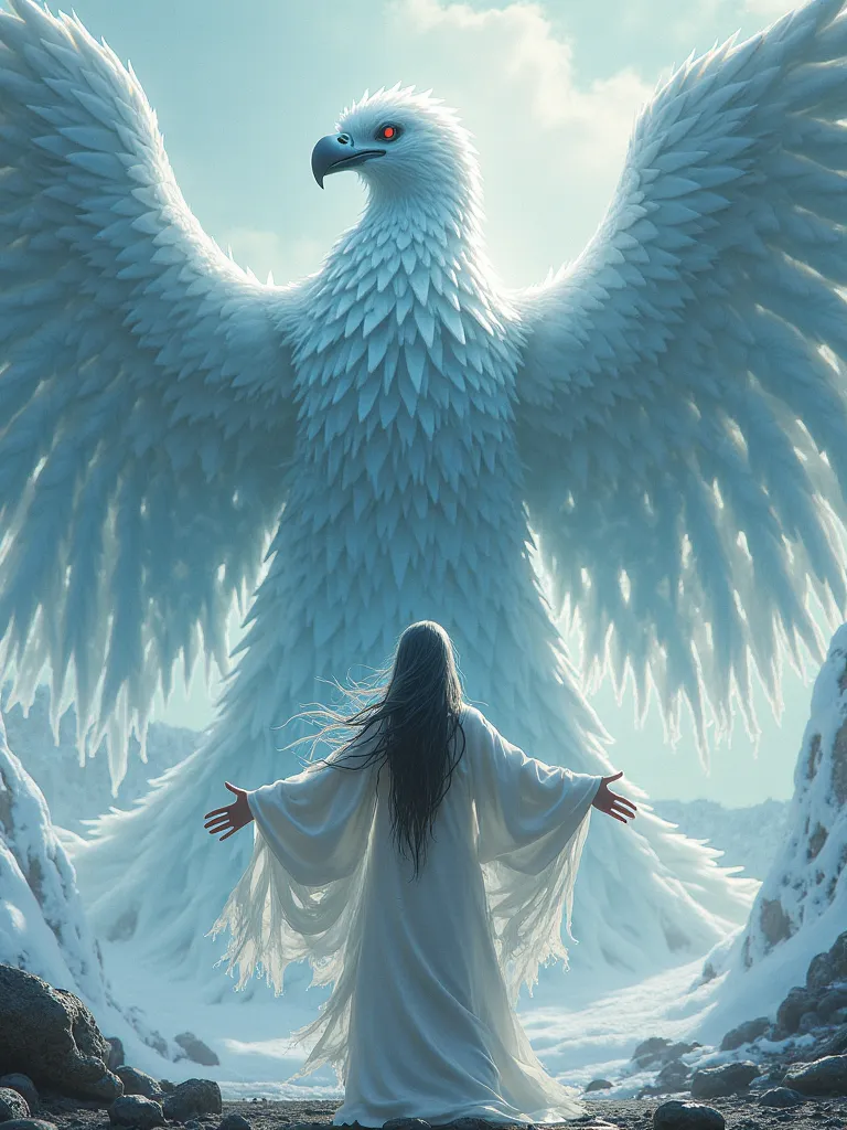  Chinese style， This scene is ，The Taoist stands in front of a giant ice bird spreading its wings， huge wings，Extend your hands， long, messy hair ，Glow Effect，surrealism， Ultra Realistic Photo ，Chinese ink style，Ice cold，rot，，ink， 8,000，Ultrafine，high qual...