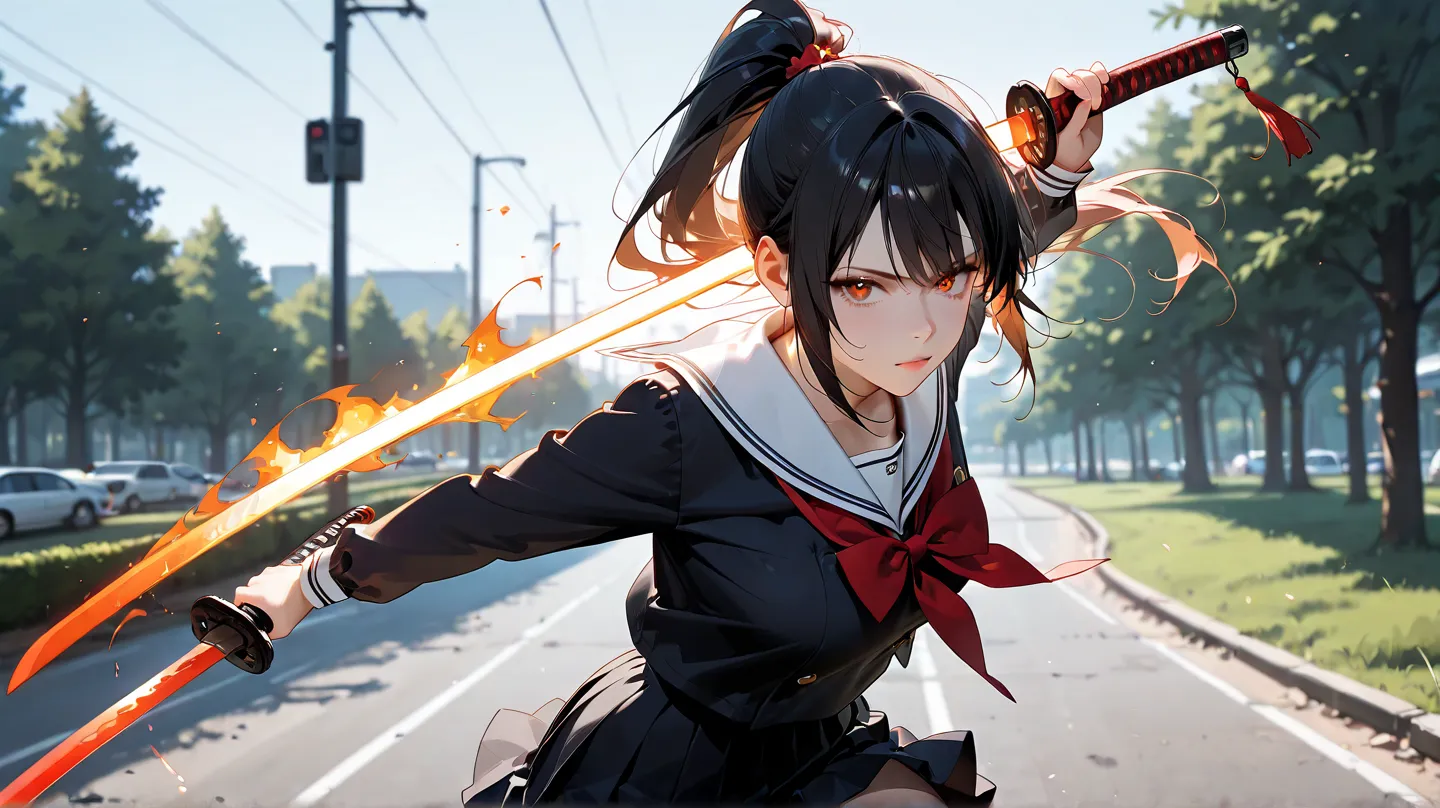 score_9, score_8_up, score_7_up, score_6_up, score_5_up, (masterpiece, best quality), ultra detailed, photorealistic, masterpiece, best quality, high resolution, 1girl, medium breast, clothed school uniform, black long ponytail, holding beam katana, sword ...