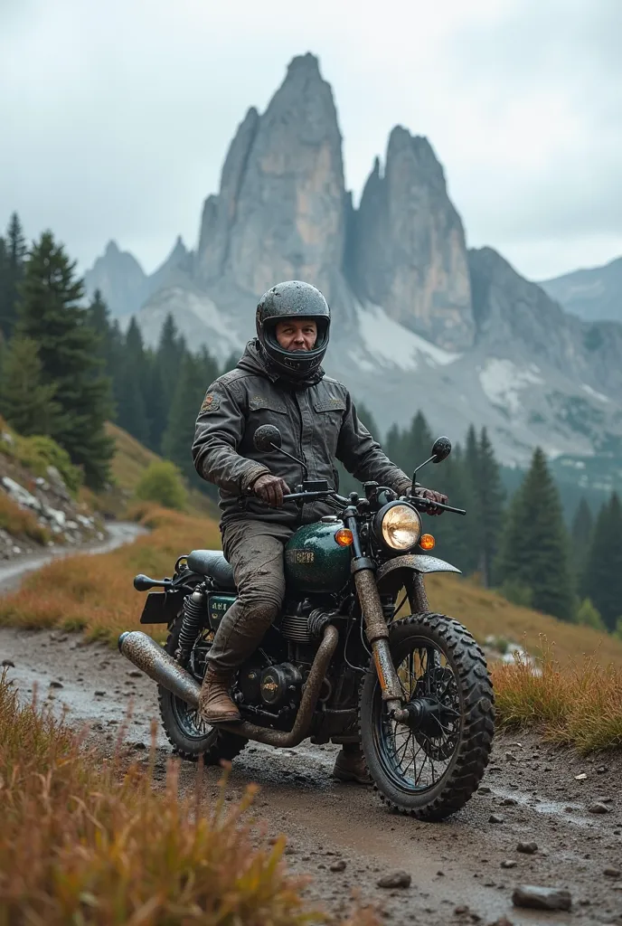 A rugged motorcycle rider, caked in mud from the journey, takes a moment to pause amid the breathtaking Dolomite mountains. In the distance, the towering Three Sisters peaks rise dramatically under an overcast sky, their misty silhouette hinting at recent ...