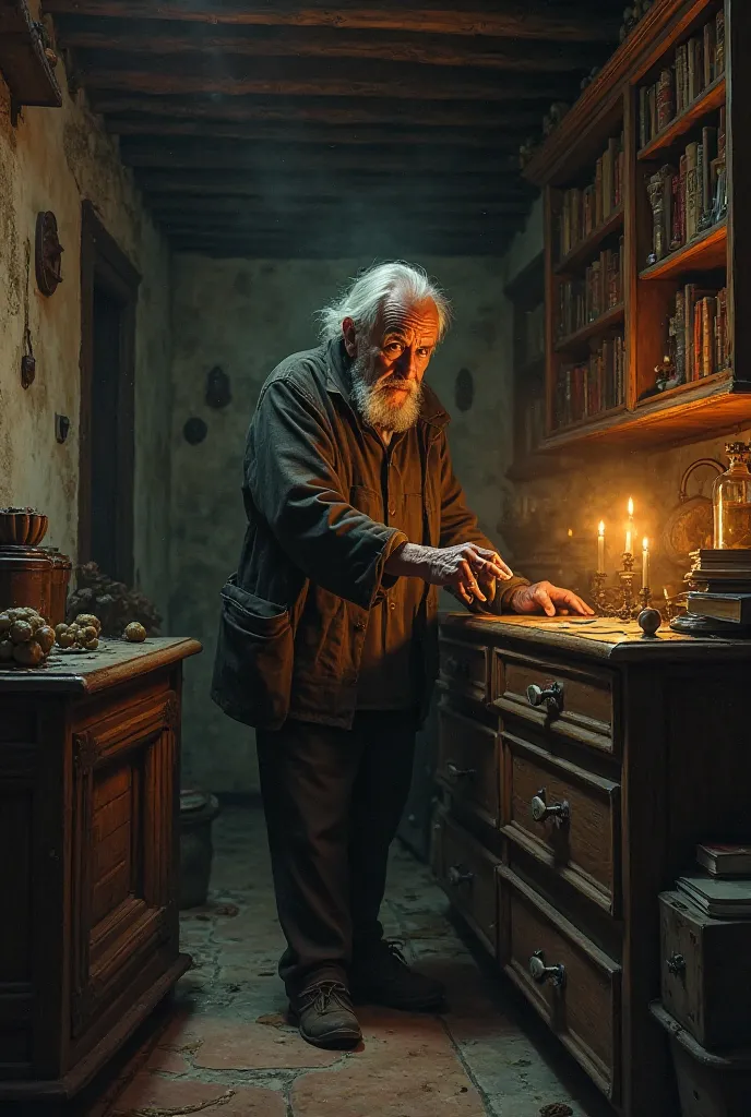 Grandpa looking for the Pantafica of Abruzzo walking around the house worried during the night 