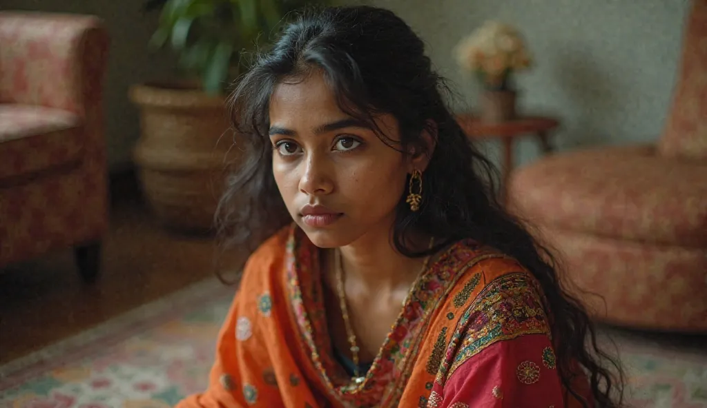 
an 18 year old Indian girl is sitting on the floor of a living room and looking embarrassed. show close up.