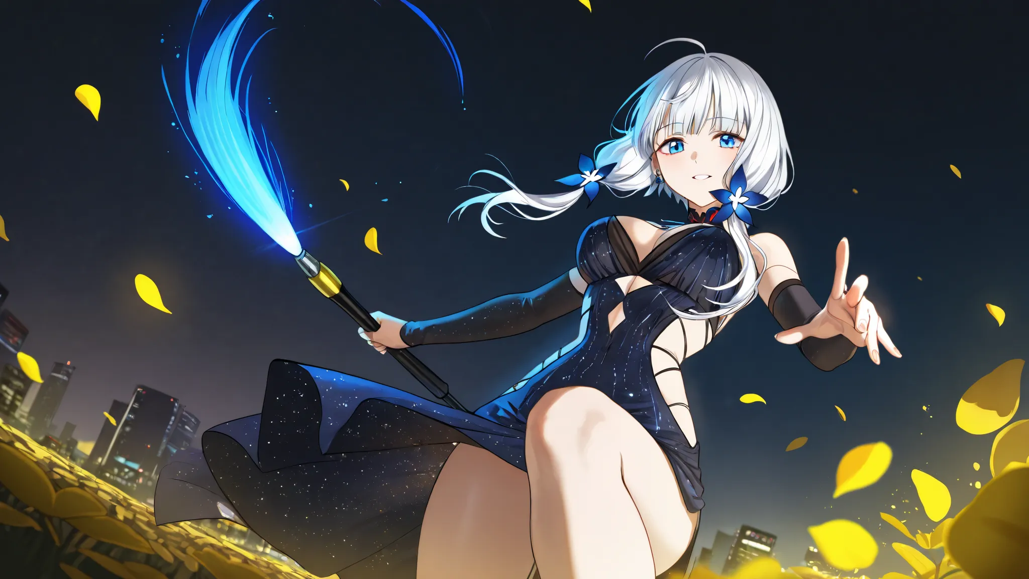 An anime-style futuristic girl，Long Silver Hair，blue eyes，wears a cyberpunk-style black and blue dress，levitates in a high-tech environment，Hand Glowing Brush， glowing effects ， dynamic fighting posture ，Kedaishang，Intricate details，Golden petals fall，Ultr...