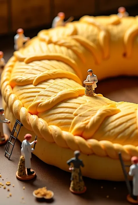 A hyper-realistic macro photograph in a surreal setting, featuring a giant Azerbaijani pastry, Şəkərbura. The pastry has a distinct crescent shape, with a soft yet slightly crisp, golden-yellow dough. The surface is covered with highly detailed symmetrical...