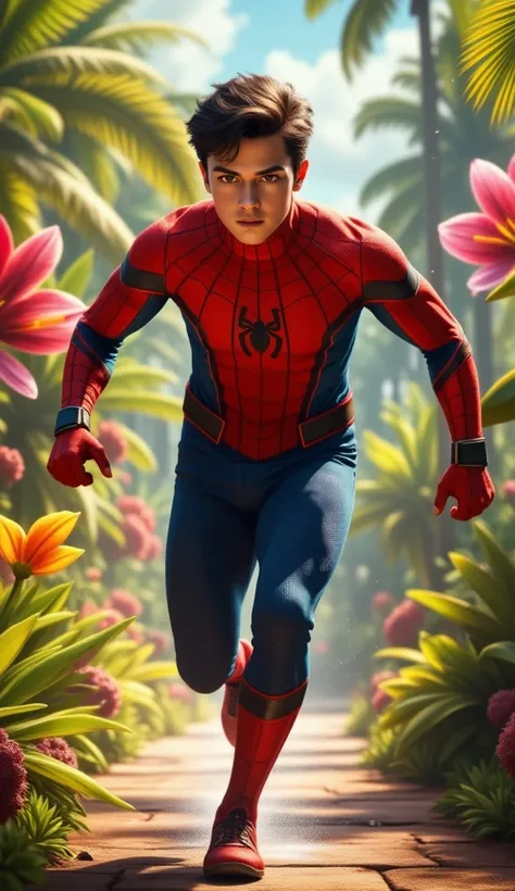 A highly detailed and realistic image of a young man in a Spider-Man costume running towards the viewer in an action-packed moment, creating an intense and dramatic scene. The background features a garden with vibrant flowers and tropical plants, ."