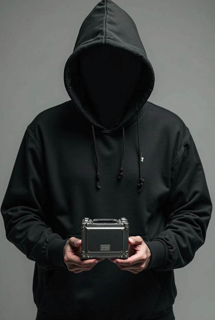 I want someone with a black hood and a black sweatshirt with dark gray details and holding a black and gray and white aluminum case PNG without a background