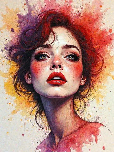 Fantastical expressive ink and watercolour splashes sketch conveying emotion with delicate and bold whispering strokes.  Rich reds, yellows, purples and golds with effervescence and darkness, a character female with eyes open evoking a sense of love and em...