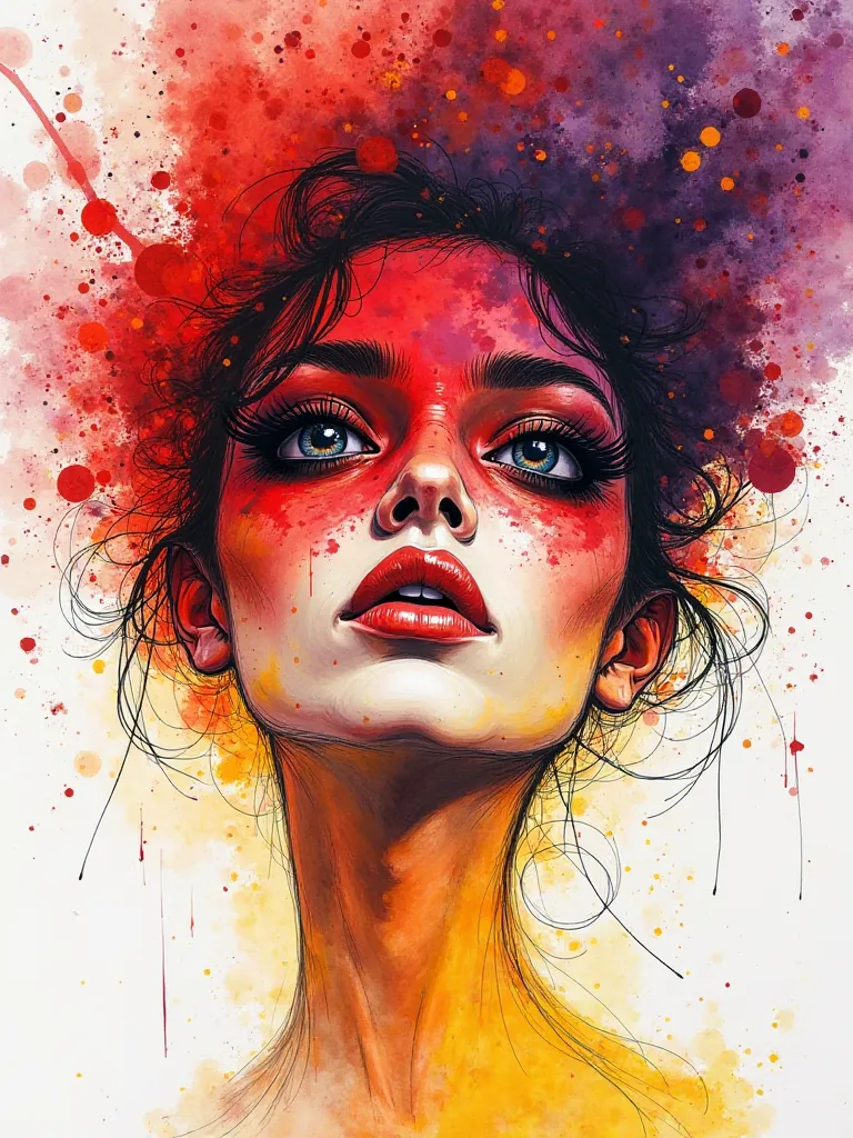 Fantastical expressive ink and watercolour splashes sketch conveying emotion with delicate and bold whispering strokes.  Rich reds, yellows, purples and golds with effervescence and darkness, a character female with eyes open evoking a sense of love and em...