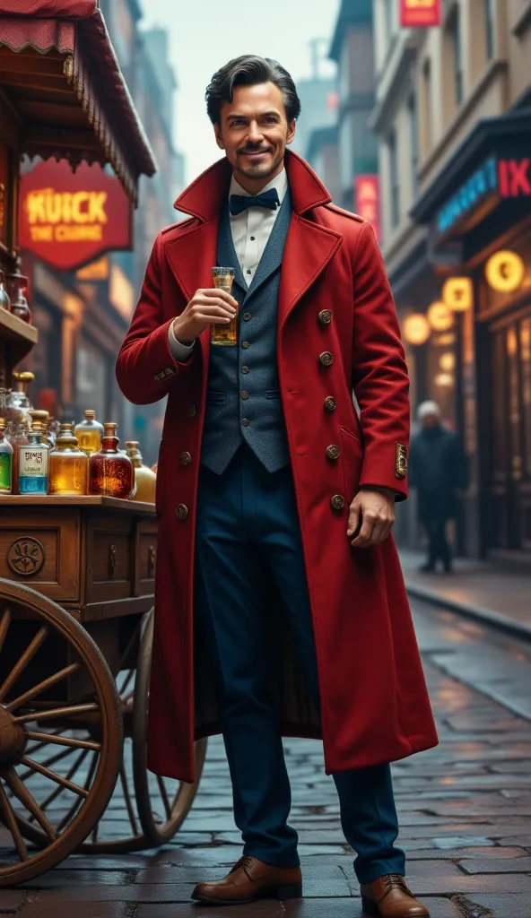 "A hyper-detailed, realistic image of a mysterious street merchant resembling Doctor Strange, standing in a vintage city setting. He wears an elegant Victorian-style red coat and a dark blue suit, holding a small bottle of an unknown elixir while smiling c...