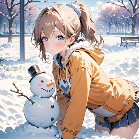 {{{masterpiece}}}, {{{best quality}}}, {{super detailed}}, {Beautiful Detailed Eyes},  word、18-year-old girl、Snow Day、蛍光色のWarm clothesを着て、is making a big snowman、（brown hair）Warm clothes、、blue eyes、fine、In front of Shimokitazawa Station 、 hi-res、solo、Snow ...