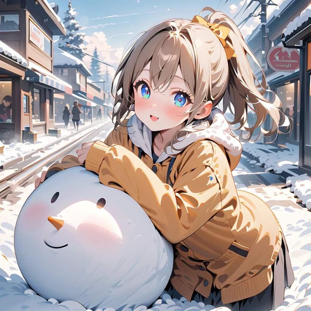 {{{masterpiece}}}, {{{best quality}}}, {{super detailed}}, {Beautiful Detailed Eyes},  word、18-year-old girl、Snow Day、蛍光色のWarm clothesを着て、is making a big snowman、（brown hair）Warm clothes、、blue eyes、fine、In front of Shimokitazawa Station 、 hi-res、solo、Snow ...