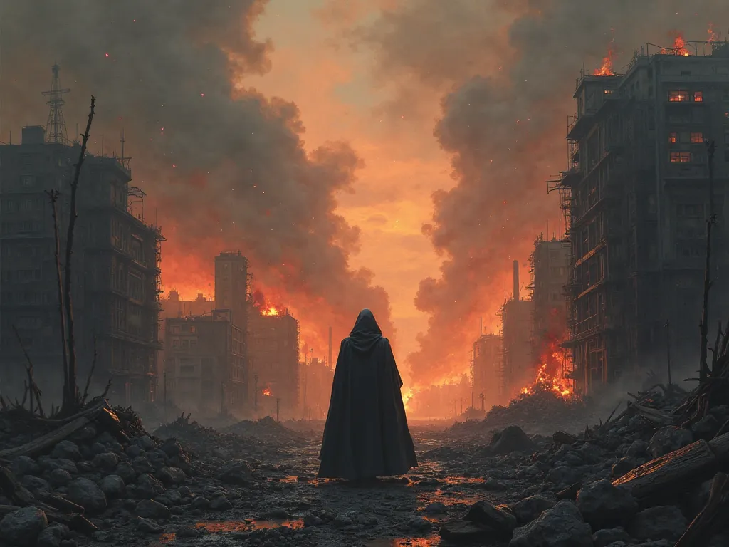 The entire city has been destroyed, fire and s are everywhere. there is only one person weaing a cloak left. He is watching hopelessly