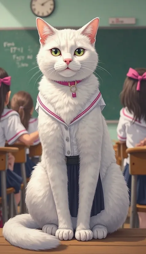 A very tall female white cat wearing white shirts and black skirt school uniform with a pink ribbon on her head sitting in front of a classroom with her classmates at the left hand side. 