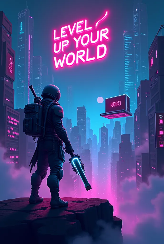 A futuristic gaming poster with a neon cyberpunk cityscape, a 3D warrior holding a glowing weapon, a sleek gaming setup floating in the air, and glowing text that says 'Level Up Your World.' Use neon blue, purple, and black colors with a futuristic vibe