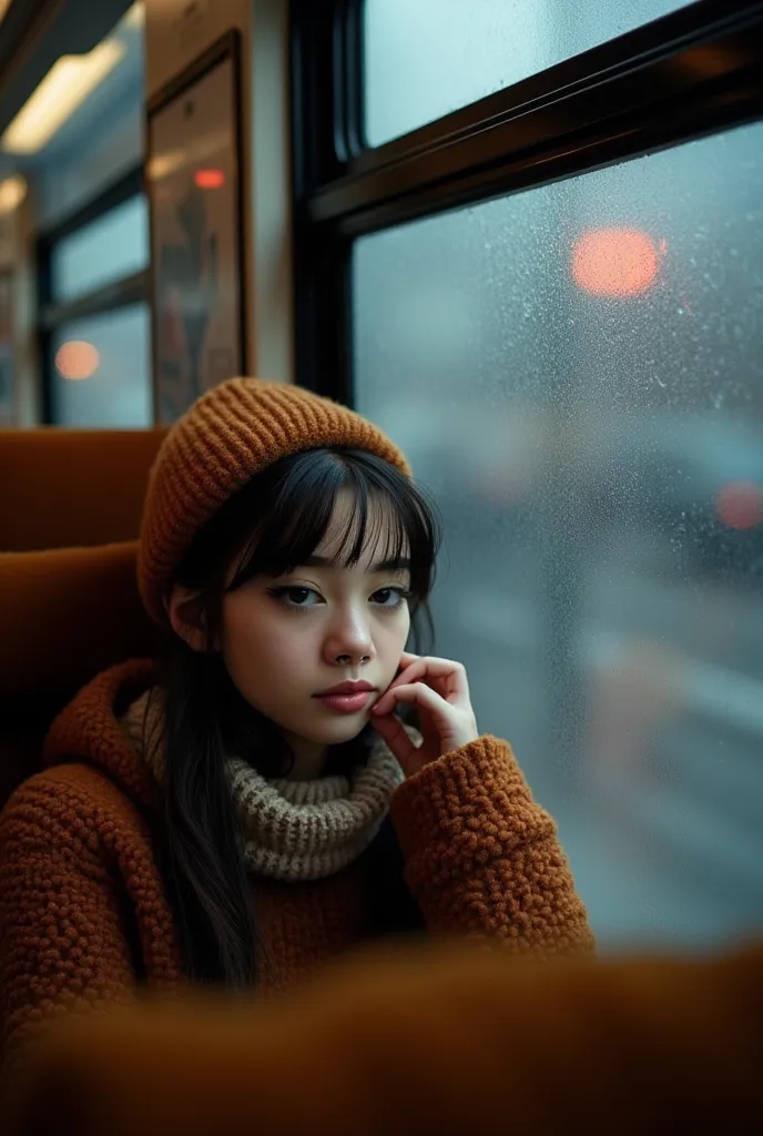 Selfie on the bus, rain outside, warm clothes, looking out the window.