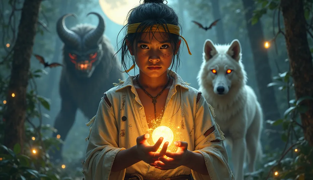 Prompt 1 (Young Warrior with Mystical Power)
"A young Filipino boy with a determined expression, wearing a traditional white torn outfit and a yellow headband, holding a glowing magical talisman in his hand. His face has scratches, showing signs of battle....