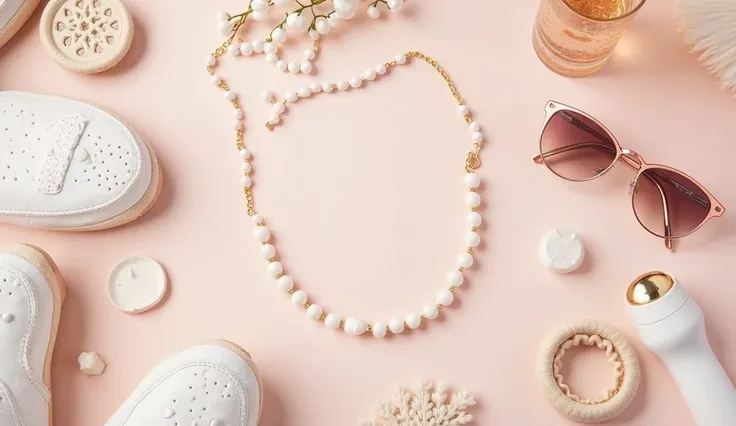 A flat lay arrangement featuring a stylish neckless, picnic glasses, and an air jordan boots natural pink and white color. Nearby, an hairband, white ring, and white juicer machine . A small, elegant drink glass in a soft beige and brown is also included, ...