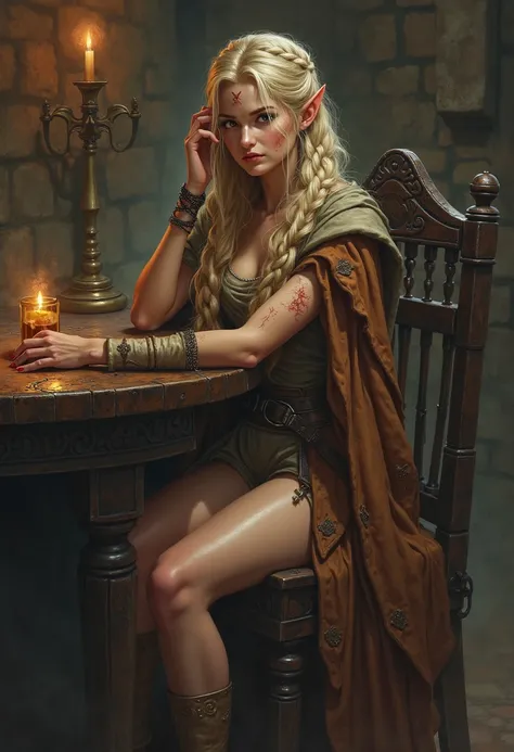 In the dark corner of a tavern, sitting at a table, a beautifull shy blonde elf woman wearing a brown cloak and a long brown tunic leaving her thighs bare in a dungeon and dragon settings. She is tall, slim and delicate, she have radiant brown eyes, a thin...