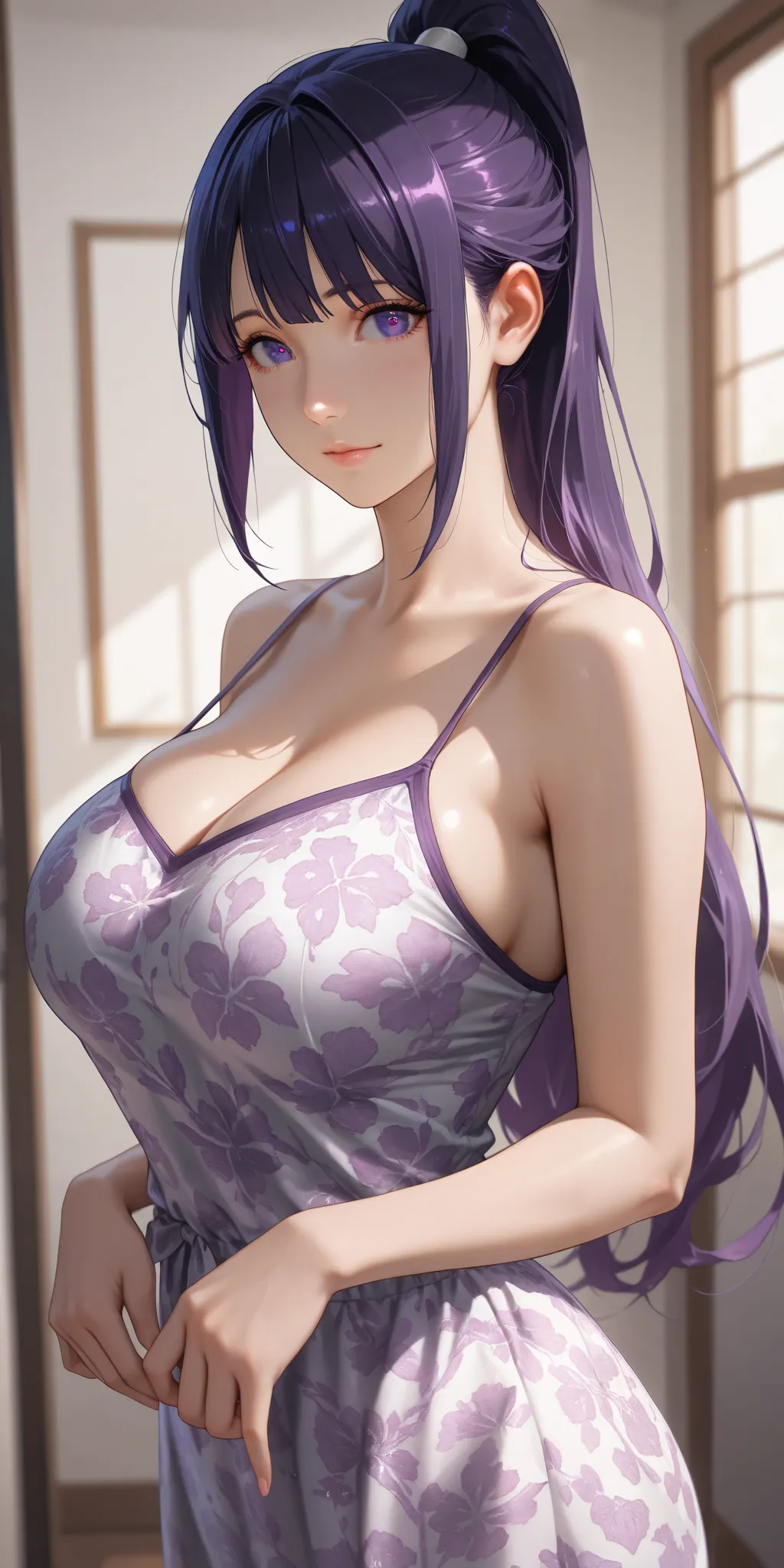 Masterpiece, newest, high contrast, high quality, ultra HD,very aesthetic, vibrant, mature female, hinata hyuga, high ponytail long hair, purple hair color, purple eye color, camisole, perfect breast, upper body, ultra detailed, highres, best quality, home...