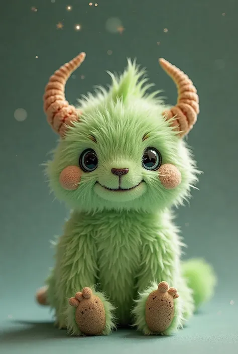 Green Monster Pokemon：cute，Watery eyes， Jellycat style  ，A furry little monster，There is a tail on the back，There are horns on the head，Smiling expression，Bean-too-eye， atmosphere under the stars，cute，Sitting，Small, slender brown feet and little hands，Deli...