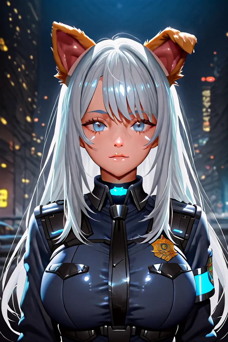  Silver Hair、pale blue eyes、 dog ear、Police Officer、cyberpunk style、cute、 girl、 high school student、very big breasts、 sexy、(anime style)、high image quality、high quality